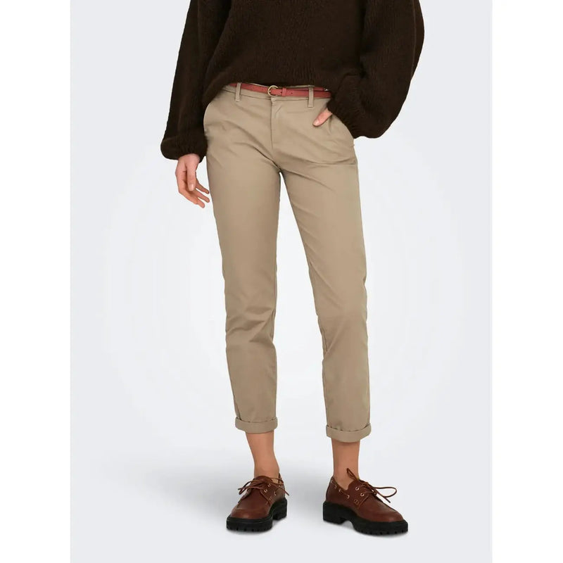 Khakifarbene, schmal geschnittene Chino-Hose aus Baumwolle für Damen mit umgeschlagenen Säumen und Reißverschluss mit Knopfverschluss von only
