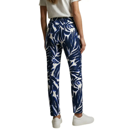 Only Damen-Hose aus blauem Viskosestoff mit weißem tropischem Blattmuster und Vordertaschen für die Freizeit