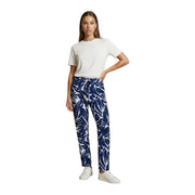 Only Damen-Hose aus blauem Viskosestoff mit floralem Muster in Blau und Weiß (tropische Blätter) und Vordertaschen