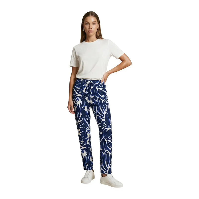 Only Damen-Hose aus blauem Viskosestoff mit floralem Muster in Blau und Weiß (tropische Blätter) und Vordertaschen