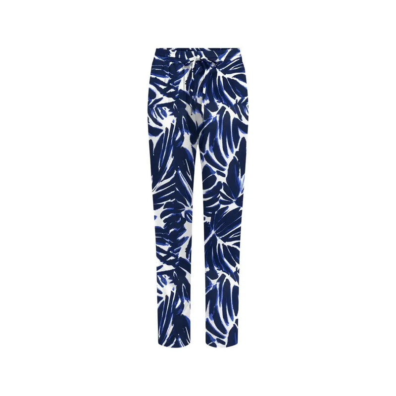 Blau-weiße, tropisch gemusterte Viskosehose mit Kordelzug und Vordertaschen von [Name des Herstellers]. only Frauen
