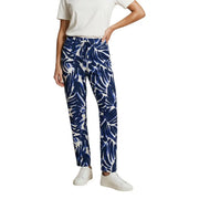 Only Damen-Hose aus blauem Viskosestoff mit floralem Muster in Blau und Weiß (tropische Blätter), Kordelzug im Bund und Vordertaschen