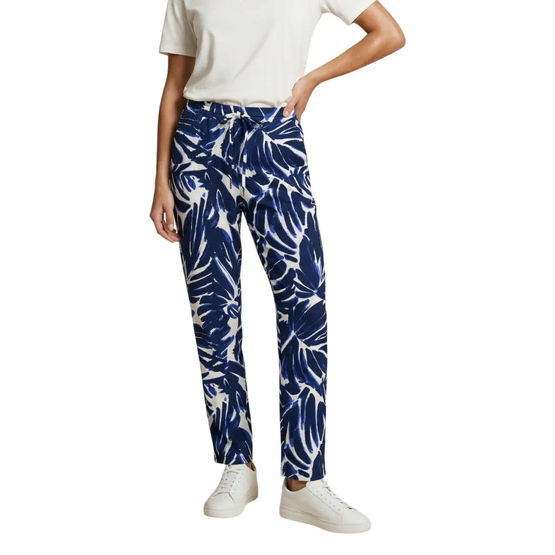 Only Damen-Hose aus blauem Viskosestoff mit floralem Muster in Blau und Weiß (tropische Blätter), Kordelzug im Bund und Vordertaschen