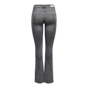 Dunkelgraue Schlagjeans aus Baumwoll-Stretch-Denim mit leicht verwaschenen Kanten und klassischen Gesäßtaschen, die die Rückseite zeigen