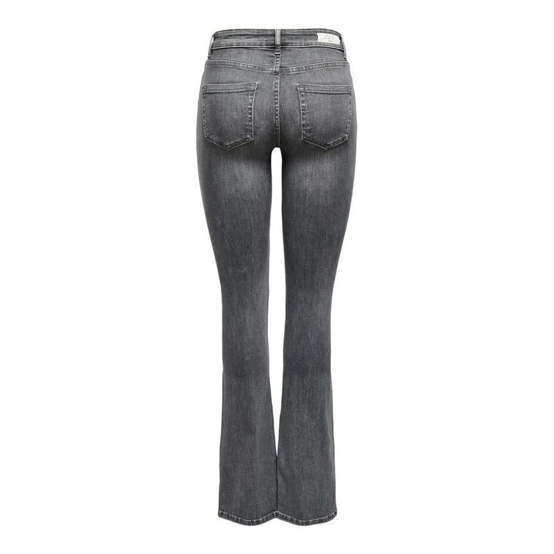 Dunkelgraue Schlagjeans aus Baumwoll-Stretch-Denim mit leicht verwaschenen Kanten und klassischen Gesäßtaschen, die die Rückseite zeigen