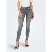 Only Graue Damen-Jeans aus Stretch-Baumwolle mit hohem Bund, schmaler Passform und verwaschenem Grauton sowie ausgefransten Säumen