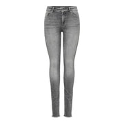 Only Graue Damen-Jeans aus Stretch-Baumwolle mit schmaler Passform, hohem Bund, verwaschener Optik, ausgefransten Säumen und klassischen Denim-Nähten