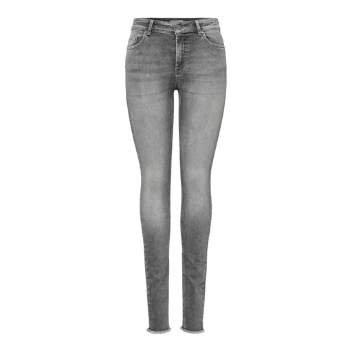 Only Graue Damen-Jeans aus Stretch-Baumwolle mit schmaler Passform, hohem Bund, verwaschener Optik, ausgefransten Säumen und klassischen Denim-Nähten