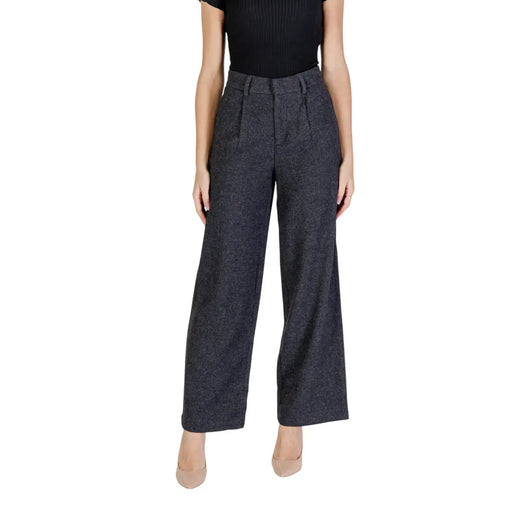 Only Graue Damenhose aus Wollmischung mit weitem Bein, hohem Bund und dezentem Strukturmuster für Herbst und Winter, schmal geschnitten