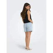 Only women light blue cotton blend denim shorts with a classic five-pocket design and slightly faded wash