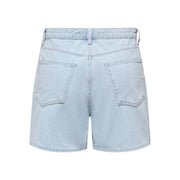Back view of only women light blue cotton blend denim shorts with high-rise waist and classic back pockets
