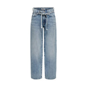 Only Damen-Jeans aus hellblauer Baumwolle mit hohem Bund, Kordelzug und klassischem geradem Bein in heller Waschung