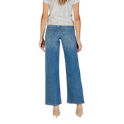 Only women light blue distressed denim jeans with a wide-leg cut and classic back pockets shown from the back side