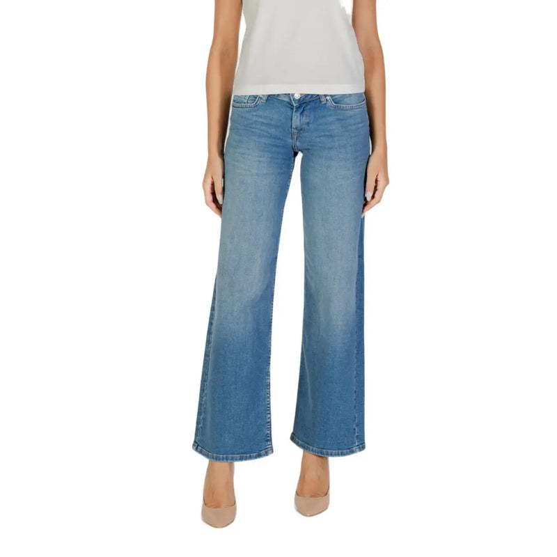 Only women light blue distressed jeans in denim flare style with classic five-pocket design and subtle fading for a worn-in look