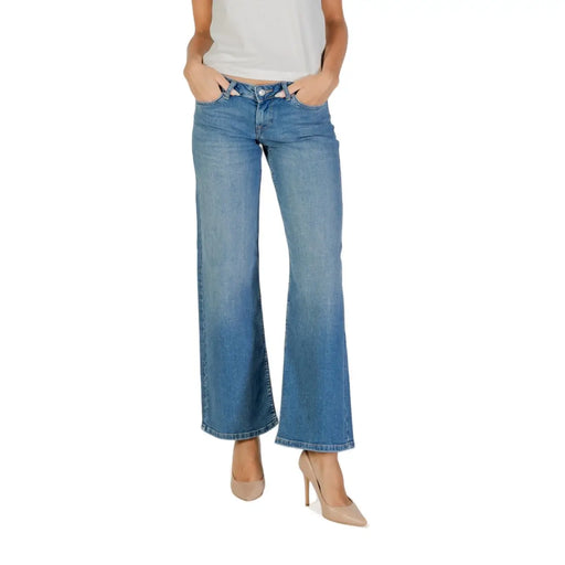 Only women light blue distressed jeans in light-wash denim with flare cut five-pocket design and button fly closure