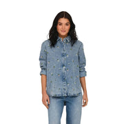 Only women light blue floral cotton long shirt with delicate green and white floral embroidery button-up design