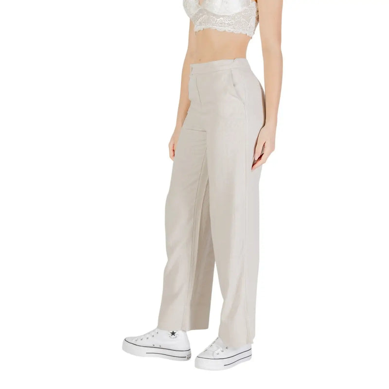 Beige Leinenmischgewebehose für Damen, hochgeschnitten, gerades Bein, elegante, taillierte Passform, sichtbare Vorder- und Gesäßtaschen