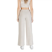 Beige hochgeschnittene, weite Hose aus Leinenmischgewebe von Only Damen mit glattem Stoff und elastischem Bund