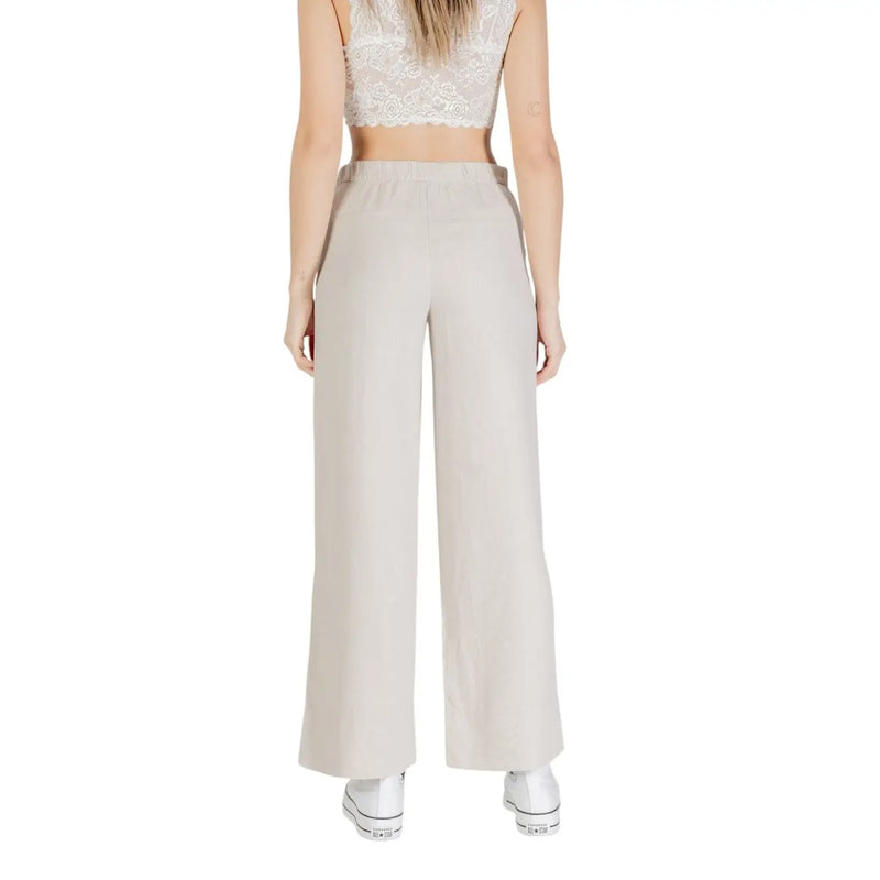 Beige hochgeschnittene, weite Hose aus Leinenmischgewebe von Only Damen mit glattem Stoff und elastischem Bund