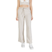 Beige, weit geschnittene Leinen-Viskose-Hose mit Kordelzug im Bund und weich fließendem Stoff für Frühling und Sommer