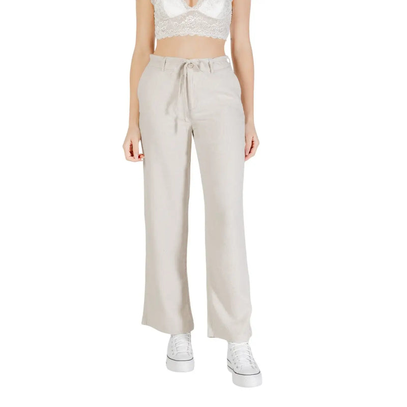 Beige, weit geschnittene Leinen-Viskose-Hose mit Kordelzug im Bund und weich fließendem Stoff für Frühling und Sommer