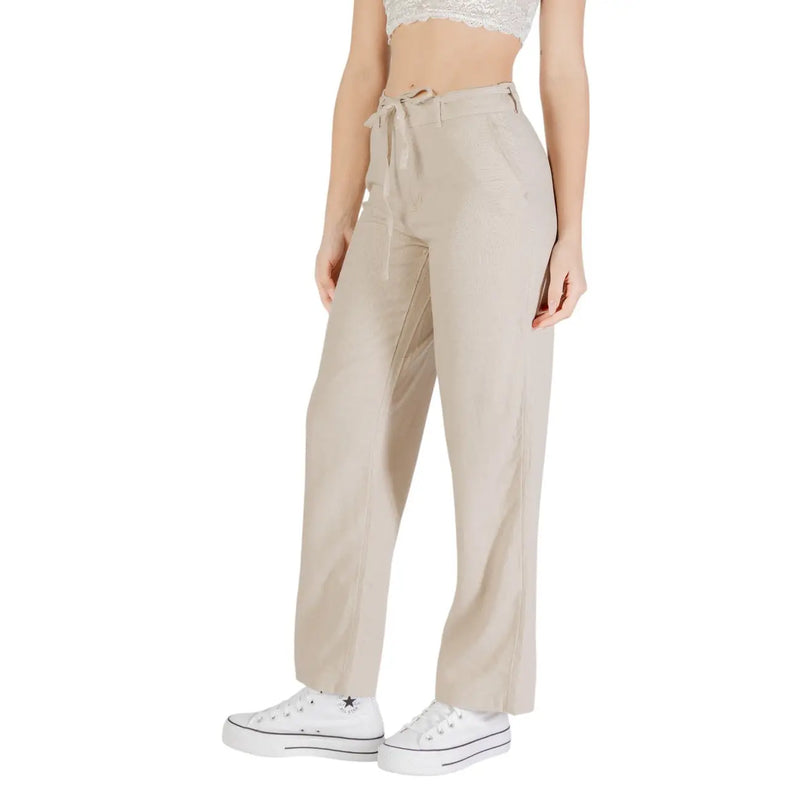 Beigefarbene, hochgeschnittene Leinen-Viskose-Hose mit Kordelzugbund und geradem Bein für Damen, Frühling/Sommer