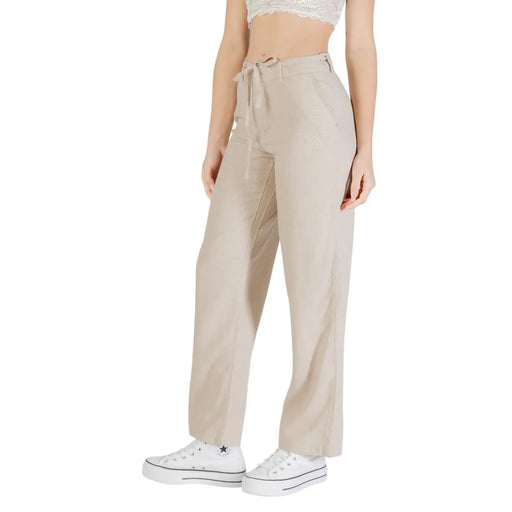 Beigefarbene, hochgeschnittene Leinen-Viskose-Hose mit Kordelzugbund und geradem Bein für Damen, Frühling/Sommer