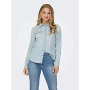 Light blue cotton long button-up shirt for women with two chest pockets and a collar by Only article 15315185