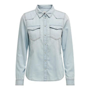 Only women long light blue cotton button shirt with two chest pockets and a collar article 15315185