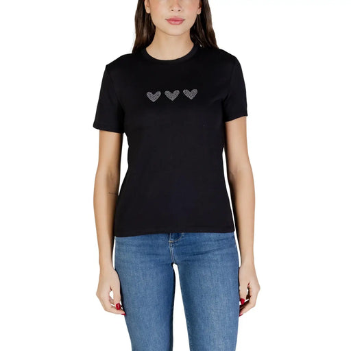 Only Schwarzes Damen-T-Shirt aus Bio-Baumwolle mit Rundhalsausschnitt, Größe S, kurzen Ärmeln und drei funkelnden Herzapplikationen auf der Brust