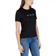 Black short-sleeved organic cotton t shirt with round neck and three sparkling hearts on chest size s by Only Women