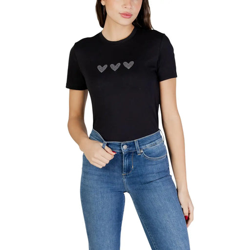 Only Schwarzes Damen-T-Shirt aus Bio-Baumwolle mit Rundhalsausschnitt, Größe S, mit drei funkelnden Herzapplikationen auf der Brust