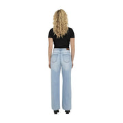 Back view of light-wash wide-leg denim jeans with classic back pockets paired with only women organic cotton black t shirt