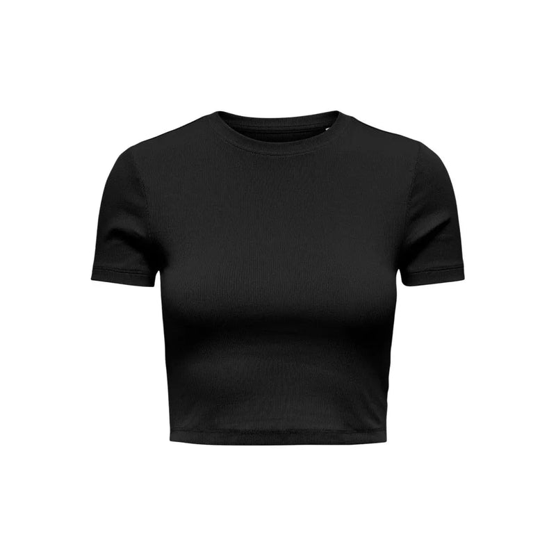 Black ribbed crop top with short sleeves and round neckline made from organic cotton by Only Women