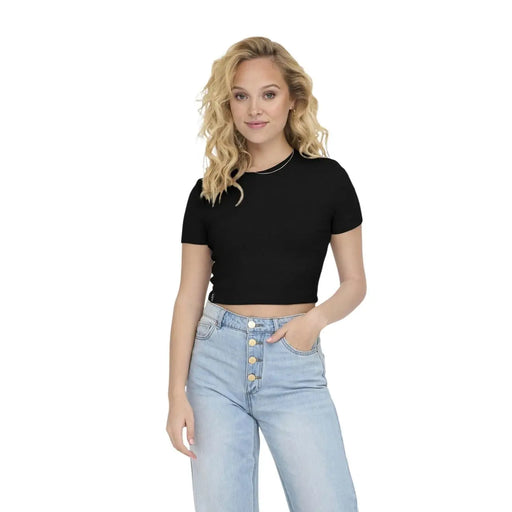 Schwarzes, kurzärmeliges Crop-Top aus Bio-Baumwolle top mit rundem Halsausschnitt und Knopfdetail am Saum von Only Frauen