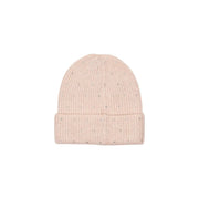 A soft blush pink ribbed knit wool blend beanie cap for women adorned with subtle silver rhinestones
