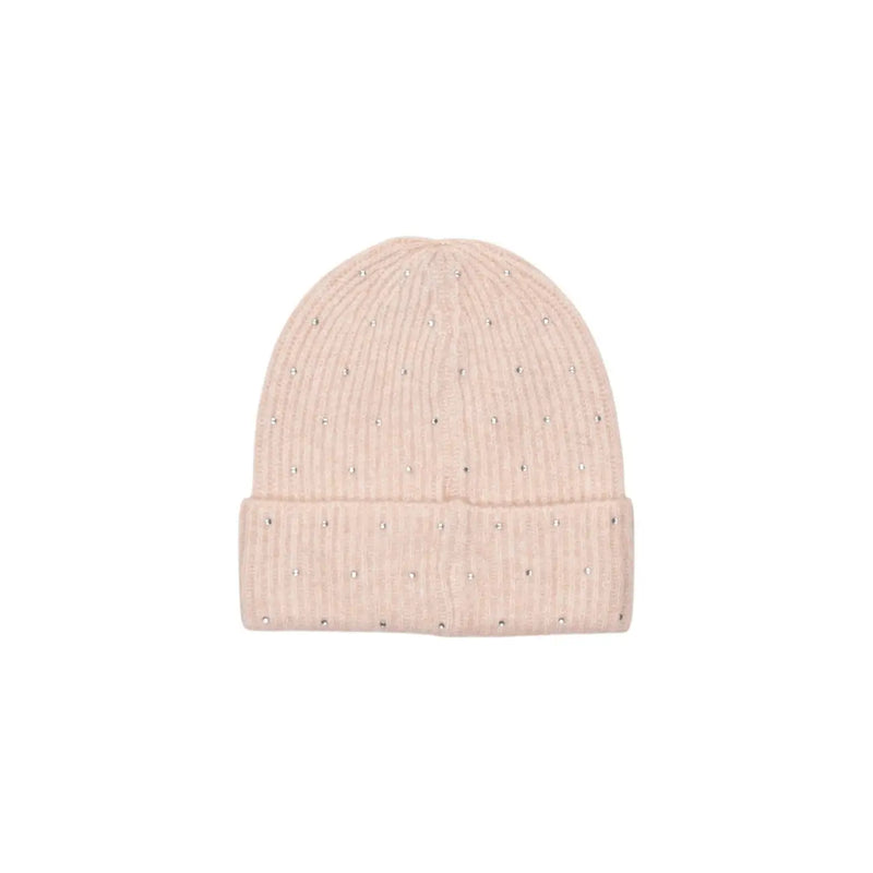 A soft blush pink ribbed knit wool blend beanie cap for women adorned with subtle silver rhinestones