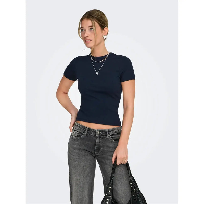Marineblaues, tailliertes Kurzarmshirt aus Polyestergemisch top für Frauen mit Rundhalsausschnitt von Only