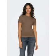 Only Damen-T-Shirt in Taupe mit kurzen Ärmeln, gerippt und taillierter Passform aus Polyester-Mischgewebe