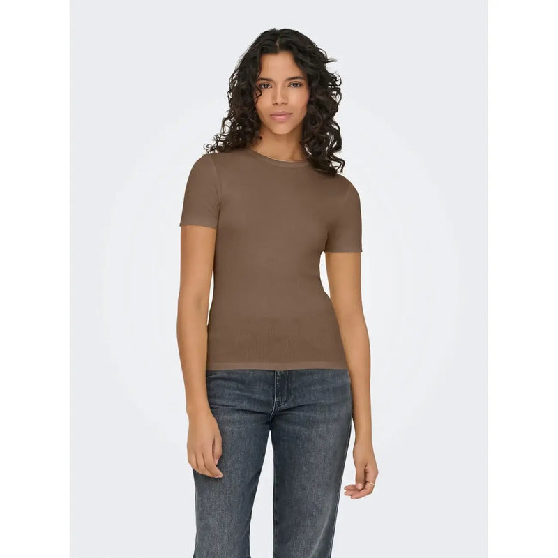 Only Damen-T-Shirt in Taupe mit kurzen Ärmeln, gerippt und taillierter Passform aus Polyester-Mischgewebe