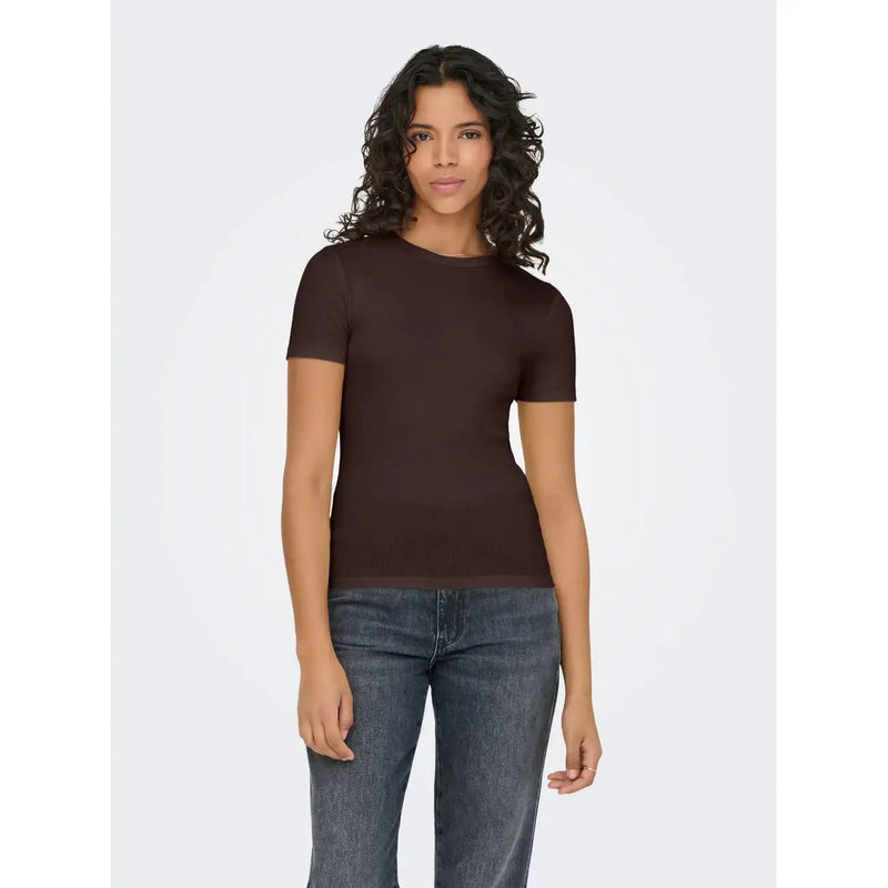 Ein elegantes, dunkelbraunes Kurzarmhemd top mit taillierter Silhouette und Rundhalsausschnitt aus Polyester-Mischgewebe