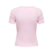 Only Damen-T-Shirt in Rosa mit kurzem Rundhalsausschnitt aus weichem Polyestergemisch und kurzen Ärmeln.