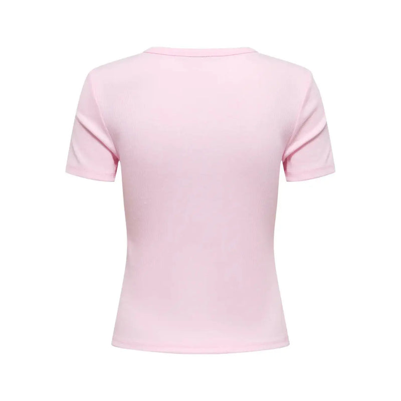 Only Damen-T-Shirt in Rosa mit kurzem Rundhalsausschnitt aus weichem Polyestergemisch und kurzen Ärmeln.