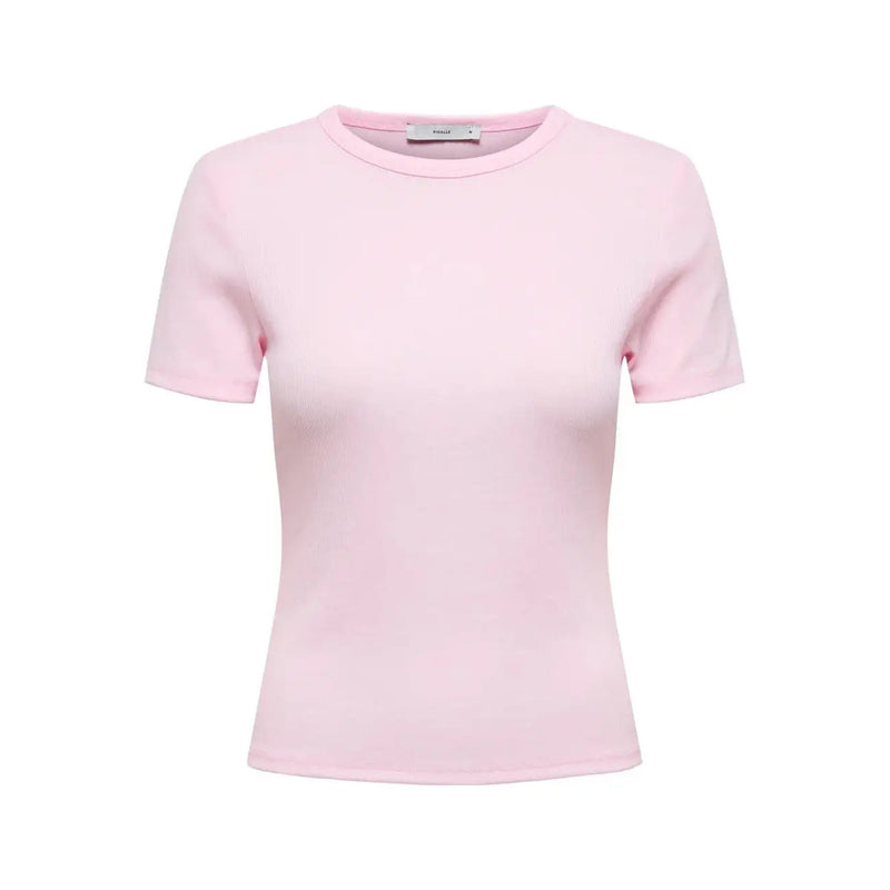 Ein zartes Rosa only Damen-T-Shirt mit kurzem Rundhalsausschnitt aus Polyester-Mischgewebe und dezentem Rippstrickbündchen
