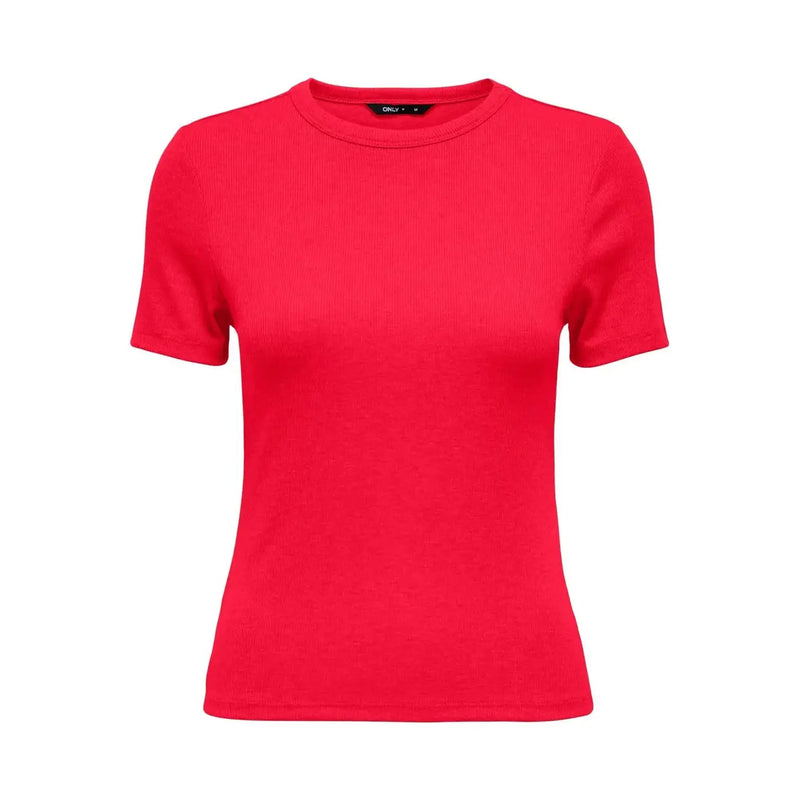 Ein leuchtend rotes, geripptes Kurzarm-T-Shirt mit klassischem Rundhalsausschnitt aus Polyestergemisch für Damen von Only