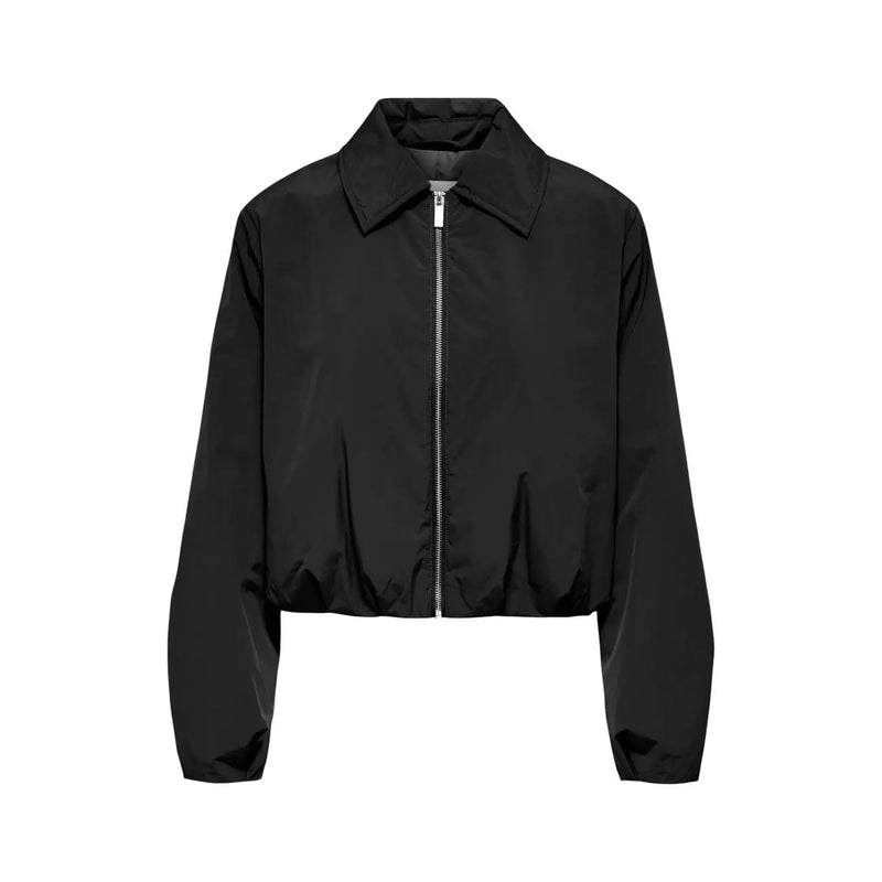 Black cropped bomber jacket with a sleek matte finish and silver zipper from Only Women polyester blazer black round neck collection