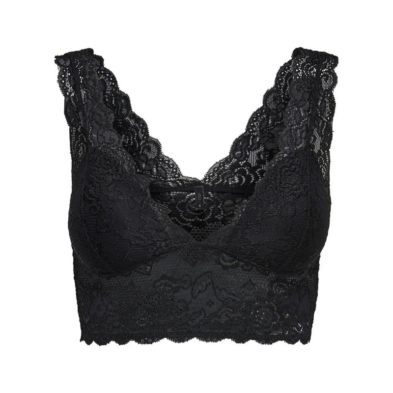 Schwarzer Spitzen-BH mit aufwendigen Blumenmustern und gewellten Kanten, kombiniert mit only Ärmelloses schwarzes Polyester-Damenoberteil top