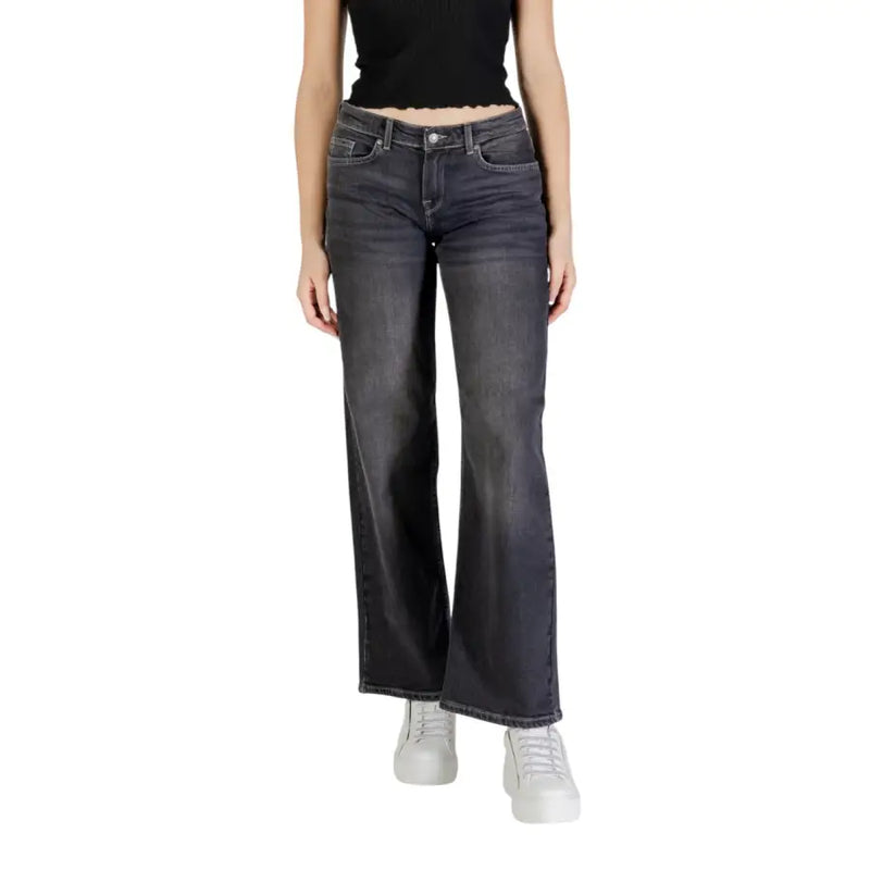 Only Women spring summer black cotton elastane dark-wash denim flare jeans with five-pocket design and subtle fading