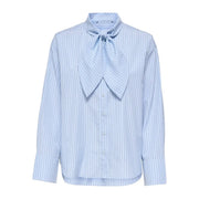 Only women striped long classic cotton shirt light blue featuring a light blue and white vertical striped pattern with a tied bow collar