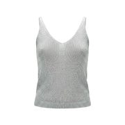 Only Frauenpanzer top in hellblauem Glitzerstrick mit silber schimmernden, dünnen Trägern und V-Ausschnitt